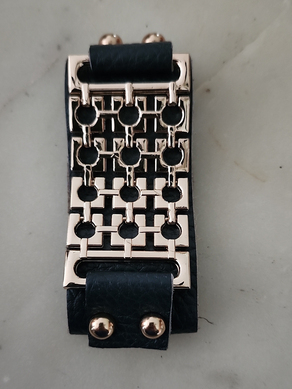 Black Faux Leather Wrap Cuff Bracelet with Gold-Tone Chain Plate
